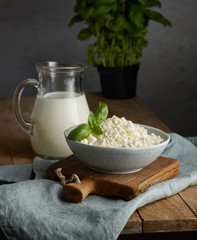 milk jug and bowl of cottage cheese