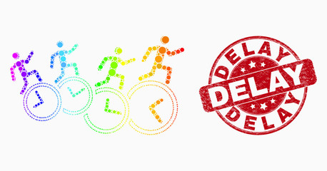 Fototapeta premium Dotted spectrum people run over clocks mosaic pictogram and Delay seal stamp. Red vector rounded grunge seal stamp with Delay phrase. Vector collage in flat style.