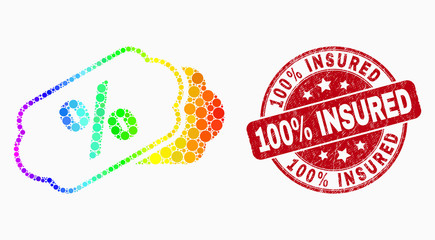 Pixel spectral percent tags mosaic icon and 100% Insured seal stamp. Red vector rounded distress stamp with 100% Insured caption. Vector combination in flat style.