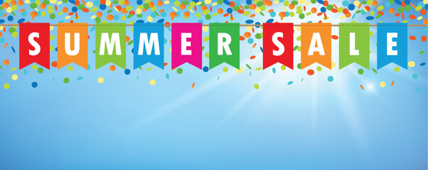 summer sale party flags banner with confetti rain on blue sunny background vector illustration EPS10