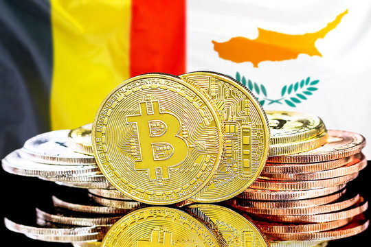 Concept for investors in cryptocurrency and Blockchain technology in the Belgium and Cyprus. Bitcoins on the background of the flag Belgium and Cyprus.