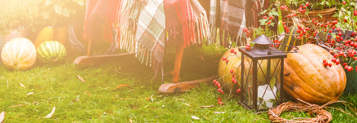 Decorating a wedding with autumn pumpkin. Close-up, outdoor
