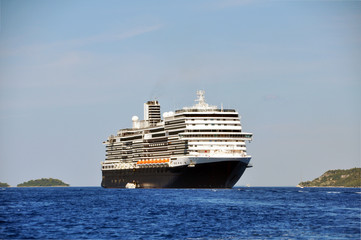Close - up of the cruise ship HAL Koningsdam off the coast of Croatia in the Adriatic sea. August 2019.