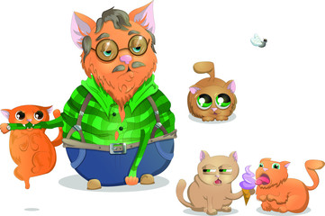 cute father cat with his children 