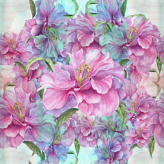 Flowers of peonies on the background of watercolor. Seamless background. Collage of flowers and leaves. Use printed materials, signs, objects, websites, maps.