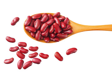 red kidney beans in wooden spoon isolated on white background. top view