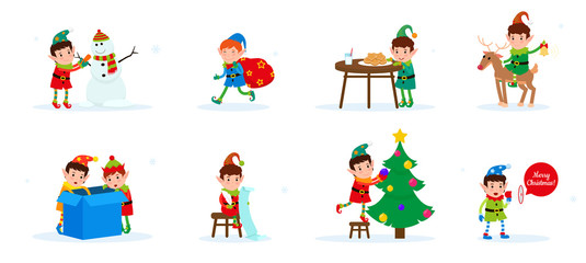 Vector set of flat cute cartoon Christmas elves. Isolated colorful Santa elf collection. Happy New Year, Merry Christmas illustration design elements for print, web, applications, postcard, banner. - obrazy, fototapety, plakaty