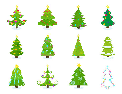 Set of isolated christmas trees with decoration. Xmas colorful cartoon pine tree collection. Vector holiday illustration for banner, postcard, website, poster, pattern design.