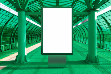 Blank billboard poster stand mock up on platform of raillway station
