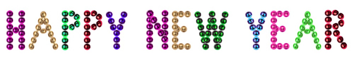 Happy New Year concept, Happy New Year written with Christmas balls isolated on white background