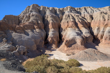 Dry desert badlands at the Lago Cuesta del Viento reservoir in San Juan, Argentina
