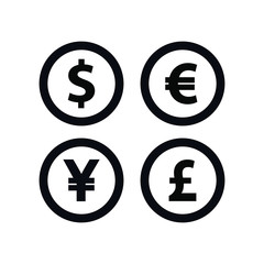 Currency icon set. Money sign. Euro, Dollar, Yen, Pound. Vector illustration
