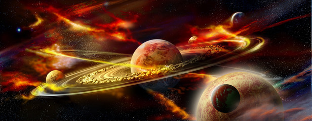 Fototapeta na wymiar Planet with rings and satellites on a nebula background