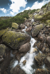 Fototapeta na wymiar Mountain Creek or Water Cascades over Rocks in High Tatras, Slovakia