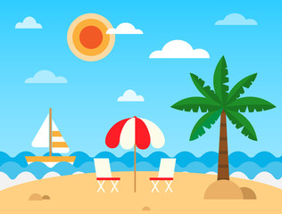 Fototapeta na wymiar Tropic beach landscape with beach, waves, umbrella, beach chair, palm tree, sun and ship. Summer holiday and vacation. Sea shore panorama. Vector Illustration