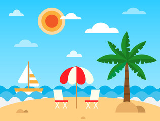 Tropic beach landscape with beach, waves, umbrella, beach chair, palm tree, sun and ship. Summer holiday and vacation. Sea shore panorama. Vector Illustration
