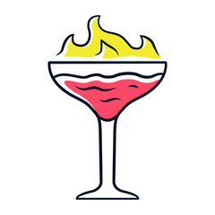 Flaming cocktail red color icon. Martini glass with beverage and burning fire. Drink with flammable high-proof alcohol. Isolated vector illustration