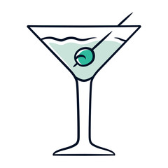Martini blue color icon. Footed glass with drink and olive. Cocktail with gin and vermouth. Refreshing alcoholic beverage for party. Tumbler with mixed drink. Isolated vector illustration