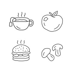 Delicious lunch linear icons set. Tasty breakfast, Healthy and harmful food thin line contour symbols. Hot tea, ripe apple, burger and mushrooms isolated vector outline illustrations. Editable stroke