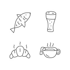 Drinks with snacks linear icons set. Delicious food, harmful and healthy meal thin line contour symbols. Fish, beer, croissant and hot tea isolated vector outline illustrations. Editable stroke