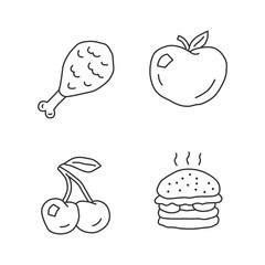 Healthy and harmful nutrition linear icons set. Natural and unhealthy eating thin line contour symbols. Chicken leg, apple, cherry and burger isolated vector outline illustrations. Editable stroke