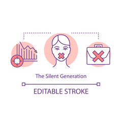 The Silent Generation concept icon. Speechless girl, falling chart, briefcase. Gender inequality. Harassment at workplace idea thin line illustration. Vector isolated outline drawing. Editable stroke