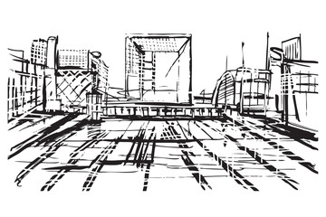 Rysynek ręcznie rysowany. Nowoczesna dzielnica w Paryżu © Edwardkarczmarski
