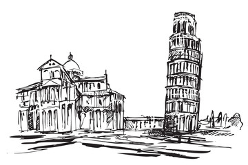 Rysynek ręcznie rysowany. Historyczne centrum miasta w Pizie we Włoszech w Toskanii.