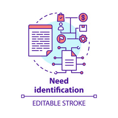 Need identification concept icon. Market and consumer analysis. Business plan. Strategic project management idea thin line illustration. Vector isolated outline drawing. Editable stroke
