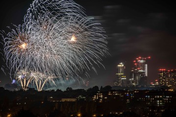 2018 Blackheath Fireworks as seen from Vista Point in Eltham with the Isle of Dogs in the background.