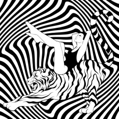 Vector hand drawn illustration of girl in swimsuit on tiger isolated.