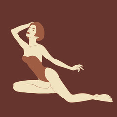 Fototapeta na wymiar Vector hand drawn illustration of girl in swimsuit with bob hairstyle isolated.