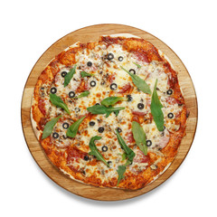 Appetizing pizza on a wooden board isolated on a white background. Top view.