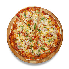 Appetizing pizza on a wooden board isolated on a white background. Top view.