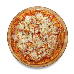 Appetizing pizza on a wooden board isolated on a white background. Top view.