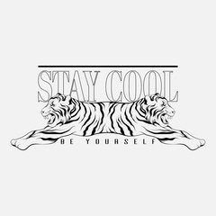 Stay cool. Be yourself. Vector hand drawn illustration of tiger with two heads isolated. Template for card, poster. banner, print for t-shirt, pin, badge, patch.