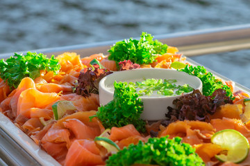 Smoked salmon salad catering at cruise boat