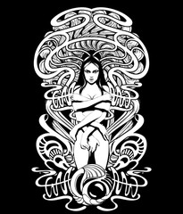 Vector hand drawn illustration of shy girl with many hands isolated.