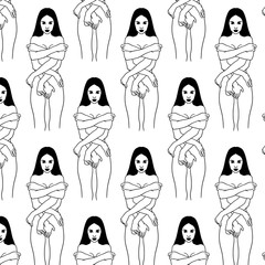 Vector pattern with hand drawn illustration of shy girl with many hands isolated.