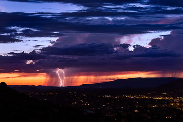 Thunderstorm lightning at sunset in Sedona, Arizona