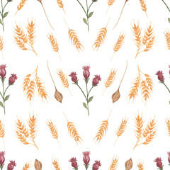 Watercolor  wildflower seamless floral pattern, delicate flower bouquet wallpaper  wheat and different wildflowers background. Retro style. Retro slyle