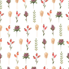 Watercolor  wildflower floral pattern, delicate flower wallpaper with different wild flowers , wildflowers background with splashes. Retro style.