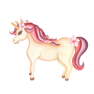 Watercolor hand drawn  unicorn horse, pony animal illustration , fairy tale animal creature, magical  clip art, isolated on white background. Birthday card.