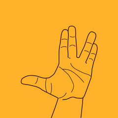Vulcan salute hand gesture. of a raised hand with the palm forward and the thumb extended, while the fingers are parted between the middle and ring finger. It blessing to live long and prosper.