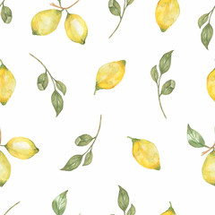 Watercolor hand drawn Seamless pattern. Yellow citrus fruit fruit. Sicily Lemon, leaves and flowers. Tropical illustration.