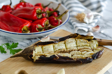 Grilled red peppers and eggplant for vegetable salad