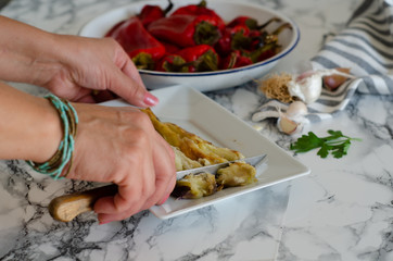 Grilled red peppers and eggplant for vegetable salad