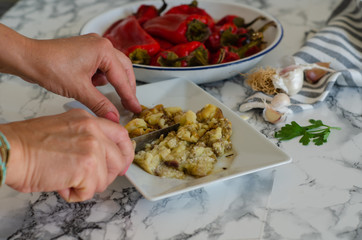 Grilled red peppers and eggplant for vegetable salad