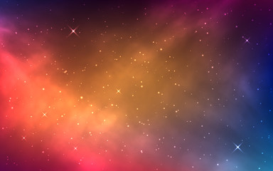 Space background with colorful nebula. Bright cosmos with milky way. Shining stars and color galaxy. Abstract stardust with cosmic elements. Realistic universe. Vector illustration