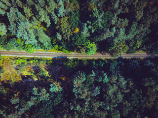 train line in a green forest from a drone view